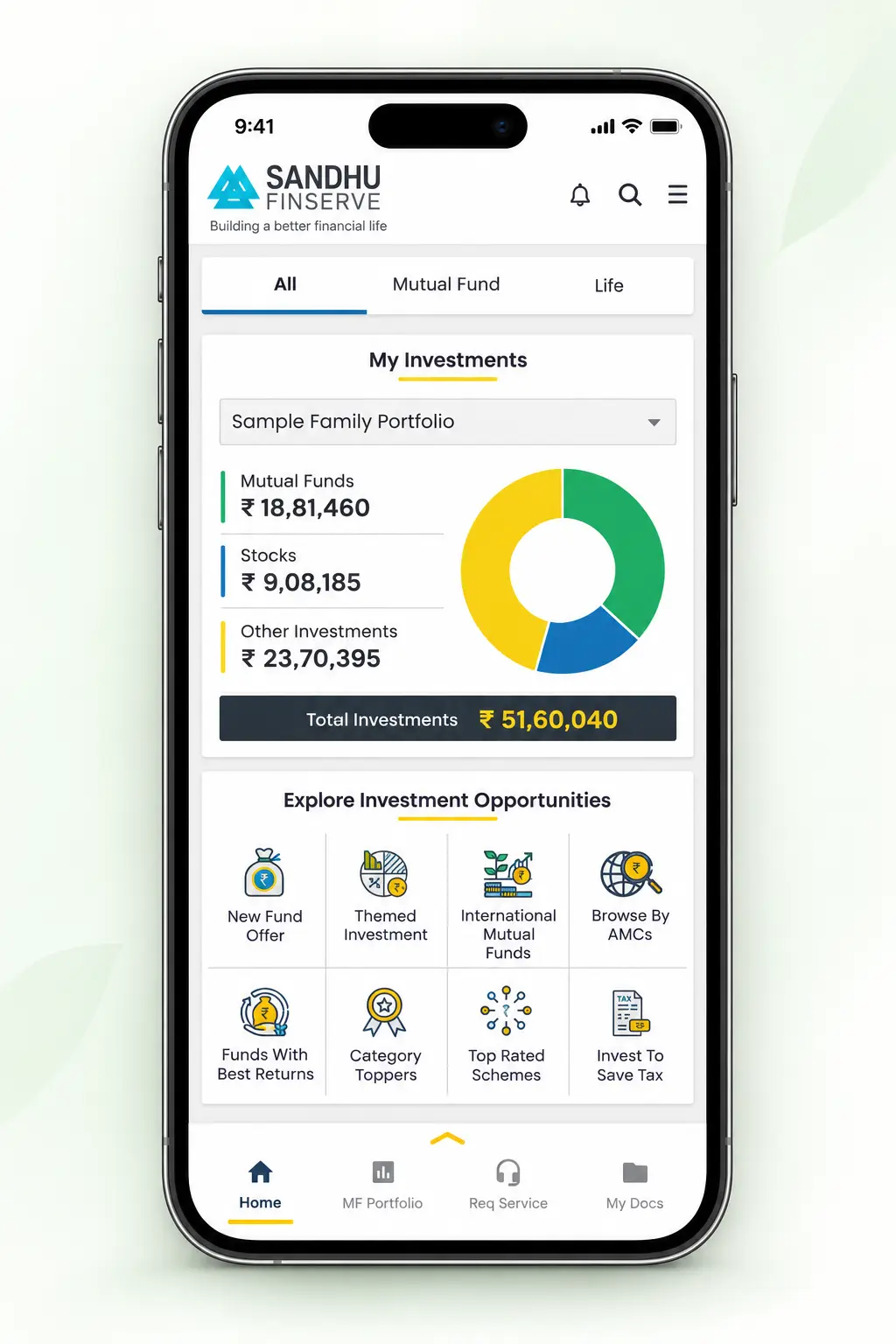 Sandhu Finserve mobile app showing an illustrative sample family portfolio across multiple asset classes